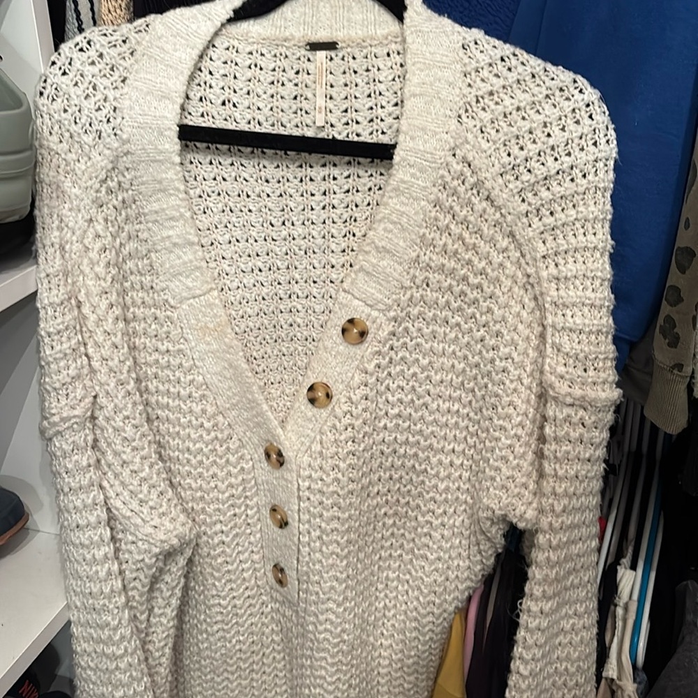 NWT Free People Sweater Size Medium White Whistle Thermal Henley Oversize Chunky